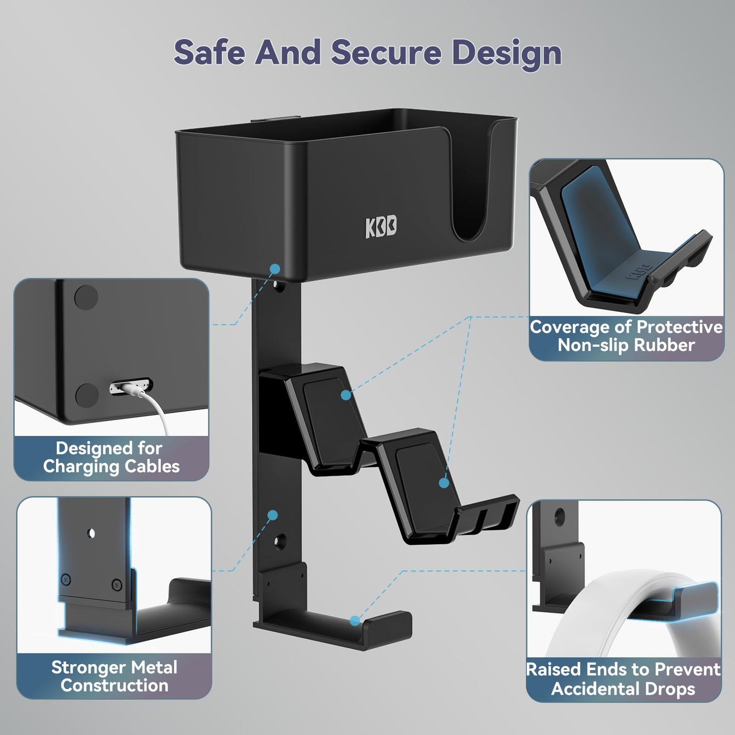 KDD 4-in-1 Wall Mount Controller Holder - Dual Game Controller and Headphone Hanger with Anti-Slip Pads for Xbox ONE/X Series/PS5/PS4 - Detachable Desk Storage for Media Remote, Phone and Speaker