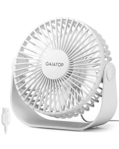 Gaiatop USB Desk Fan, 3 Speeds Strong Airflow, 5.5 Inch Portable 90° Rotate Quiet Cooling, Small Personal Table Fans for Bedroom Home Office Travel White