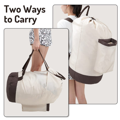 Laundry Bag Backpack with Shoulder Straps and Detergent Holder Clothes, Travel Laundry Backpack Bag Hamper for College Dorm Room (Khaki w Brown)