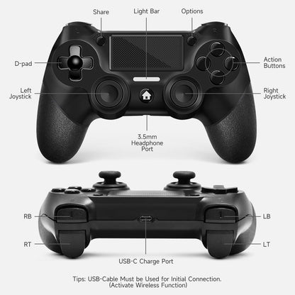 AceGamer 2 Pack for PS4 Controller, Wireless Controllers for PS4/Pro/Slim/PC, with Non-Slip Grip of Both Sides and 2 USB-C Cable! (Midnight Black * 2)