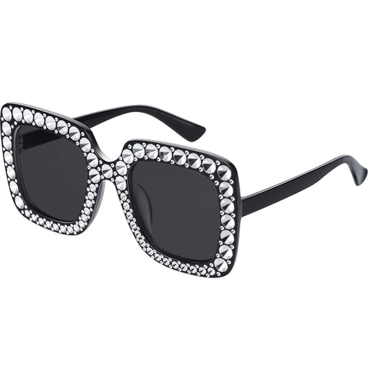 Frienda 1 Pcs Retro Disco Sunglasses Women Rhinestone Bling Glasses Girl Oversize Glitter Sunglasses 70s Disco Accessories(Black)