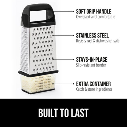 GORILLA GRIP XL 4-Sided Cheese Grater With Container, 100% BPA-Free Stainless Steel Box Graters, Parmesan Shredder, Grate Cheeses, Shred Veggies, Slip Resistant Handle, Dishwasher Safe Zester, Black