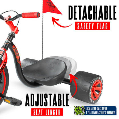 Drift Trike for Kids Ages 5+ – 16" Front Wheel Ride-On with Adjustable Seat, Steel Frame, Rear Slick Drift Wheels & Safety Flag – Madd Gear - (Black Red)