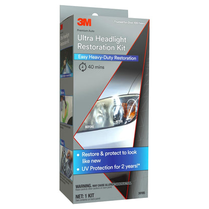 3M Ultra Headlight Restoration Kit, Contains Masking Tape, Light Sanding Discs, Wax Protectant and More, Use on Plastic Lenses Headlights, Taillights and More, Easy Heavy-Duty Restoration (39195)