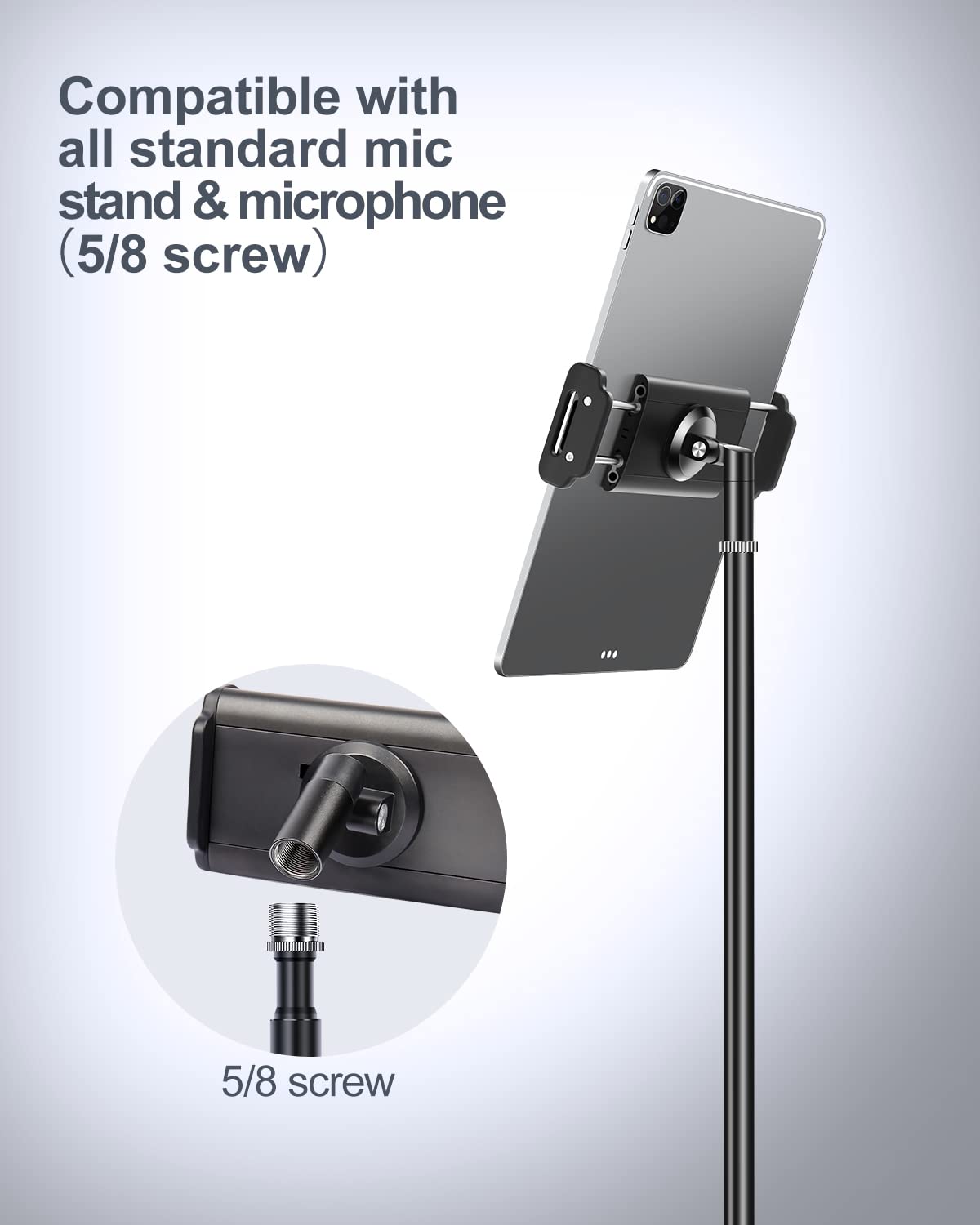 elitehood Aluminum iPad Holder for Mic Stand, Side Mount iPad Music Stand Holder for Microphone, 360° Swivel Tilt Adjustable Mic Tablet Mount for 4-13in iPhone, Cell Phones and Tablets