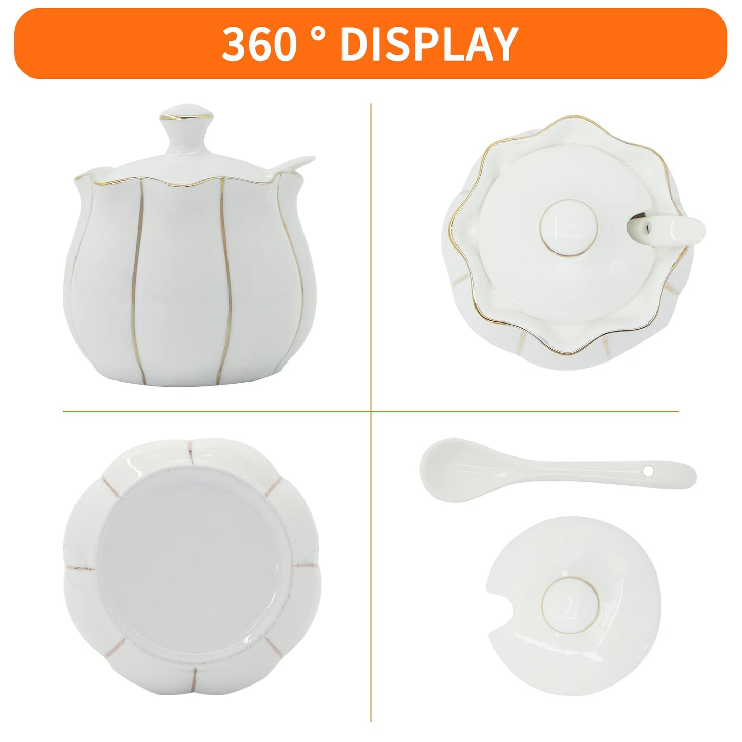 Kitchenexus Porcelain Sugar Bowl with Lid and Spoon 9.17oz/260ml Ceramic Sugar Bowl Sugar Container for Home Kitchen in Golden Edge Pumpkin Design