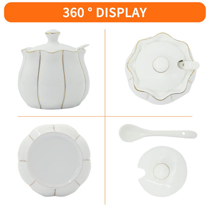 Kitchenexus Porcelain Sugar Bowl with Lid and Spoon 9.17oz/260ml Ceramic Sugar Bowl Sugar Container for Home Kitchen in Golden Edge Pumpkin Design