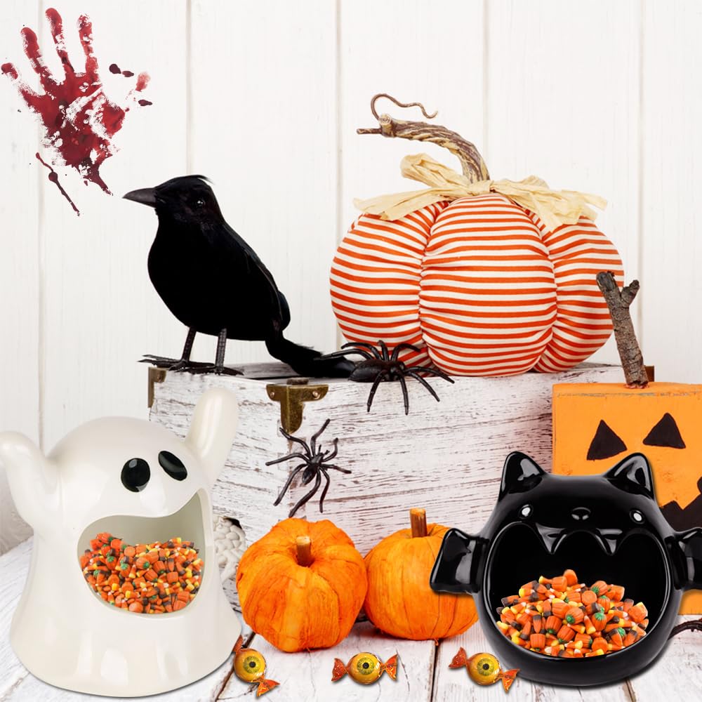 DIYDEC 2pcs Halloween Candy Bowls, Halloween Candy Dish Candle Holder Bat Ghost Ceramic Dish for Tiered Tray Ornament Tableware Party Decor