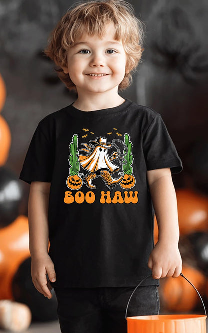 Kids Toddler Little Boys Halloween T-Shirt Western Cowboy Boo Haw Ghost Short Sleeve Top(Black Boo Haw,2-3T)