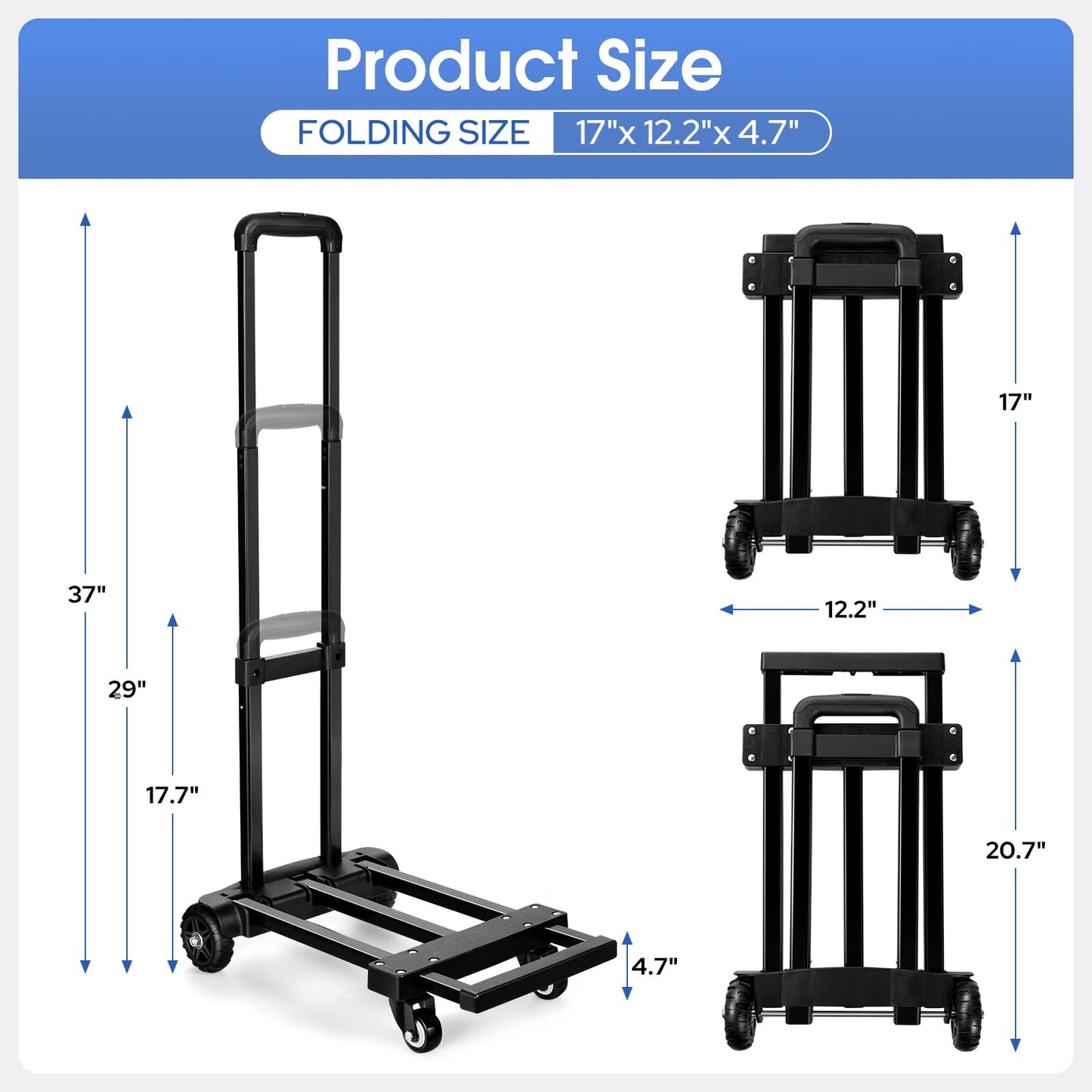 KEDSUM Folding Hand Truck, 290 lbs, 4 Wheels Solid Construction Heavy Duty Utility Cart, Portable Fold Up Dolly, Compact and Lightweight for Luggage, Personal, Travel, Moving and Office Use