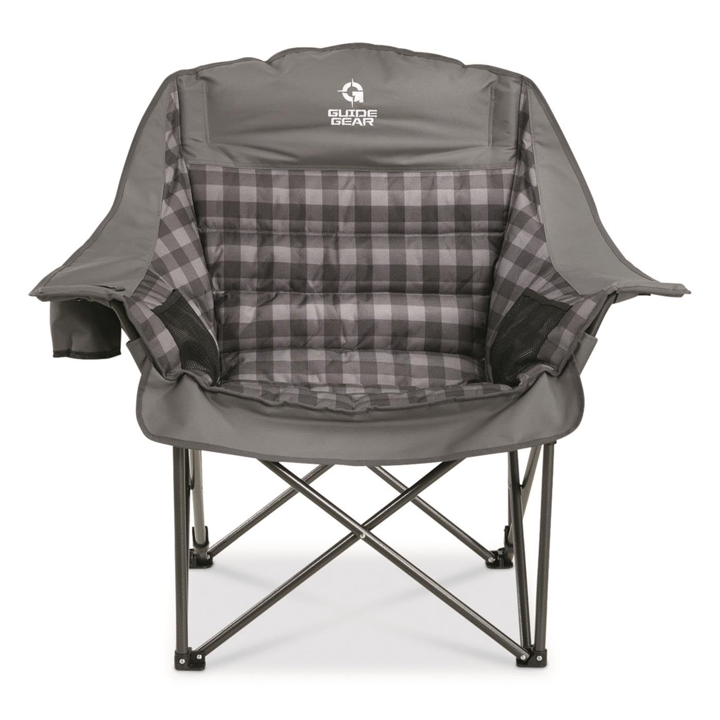 Guide Gear Oversized Extra Large Padded Camping Chair, Portable, Folding, Large Camp Lounge Beach Chairs for Outdoor, Adults, Men and Women, Heavy-Duty 400 Pound Capacity, with Cup Holder Gray Plaid