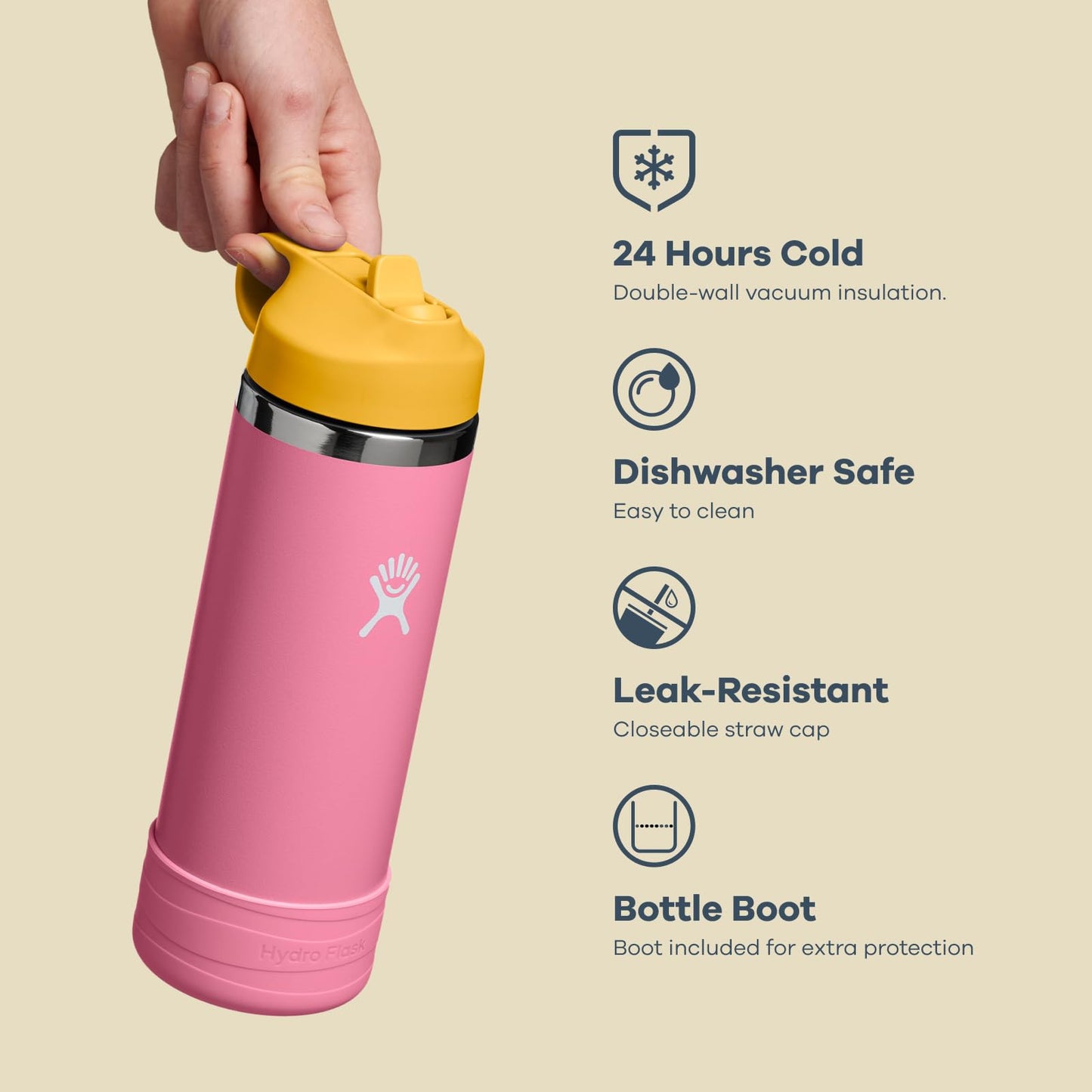 Hydro Flask Kids Water Bottle for School - Stainless Steel and Insulated with Straw Cap - 18 Oz Coconut