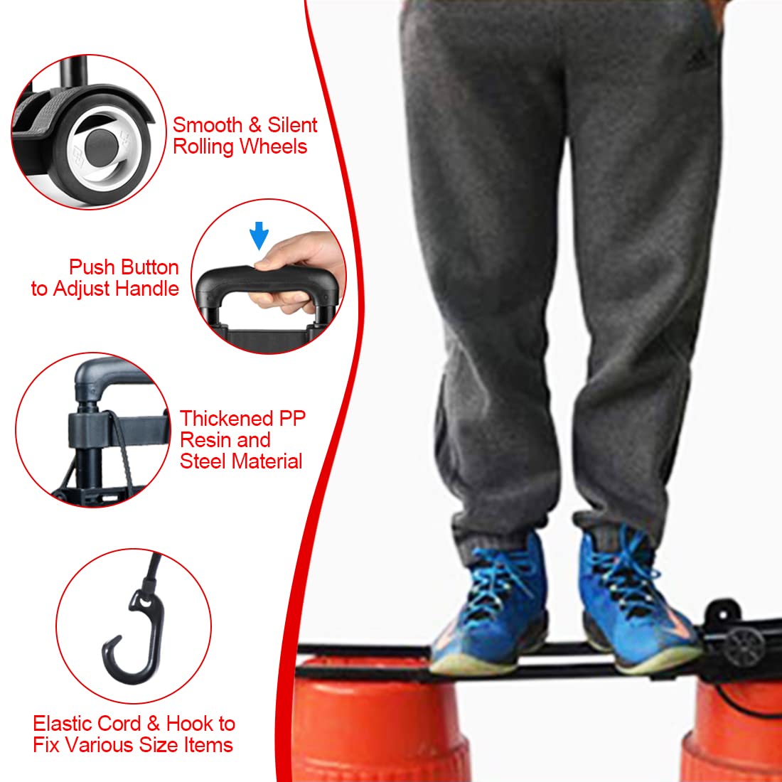 Folding Hand Truck 110lbs, 2+2 Wheel System - 2 Rotating & 2 Stabilizer Wheels Dolly Cart with Elastic Rope & Storage Bag, Adjustable 3-Level Handle for Shopping, Travel, Office, Home Use