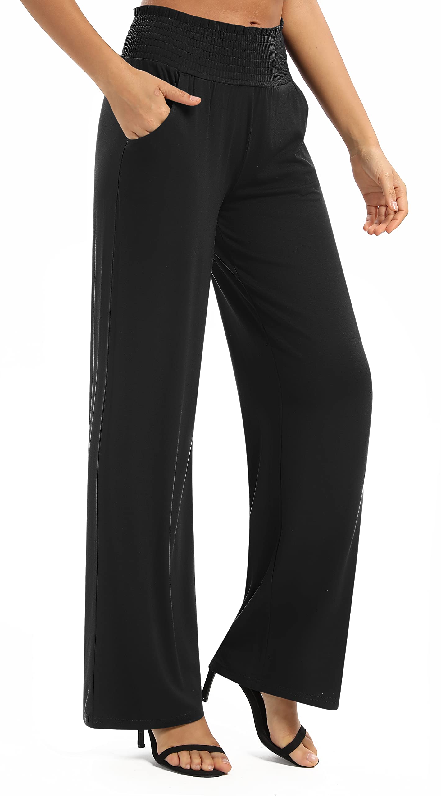 EXCHIC Women's Plain Loose Straight Cut Palazzo Trousers, High Waist, Stretchy Lounge Trousers with Pockets