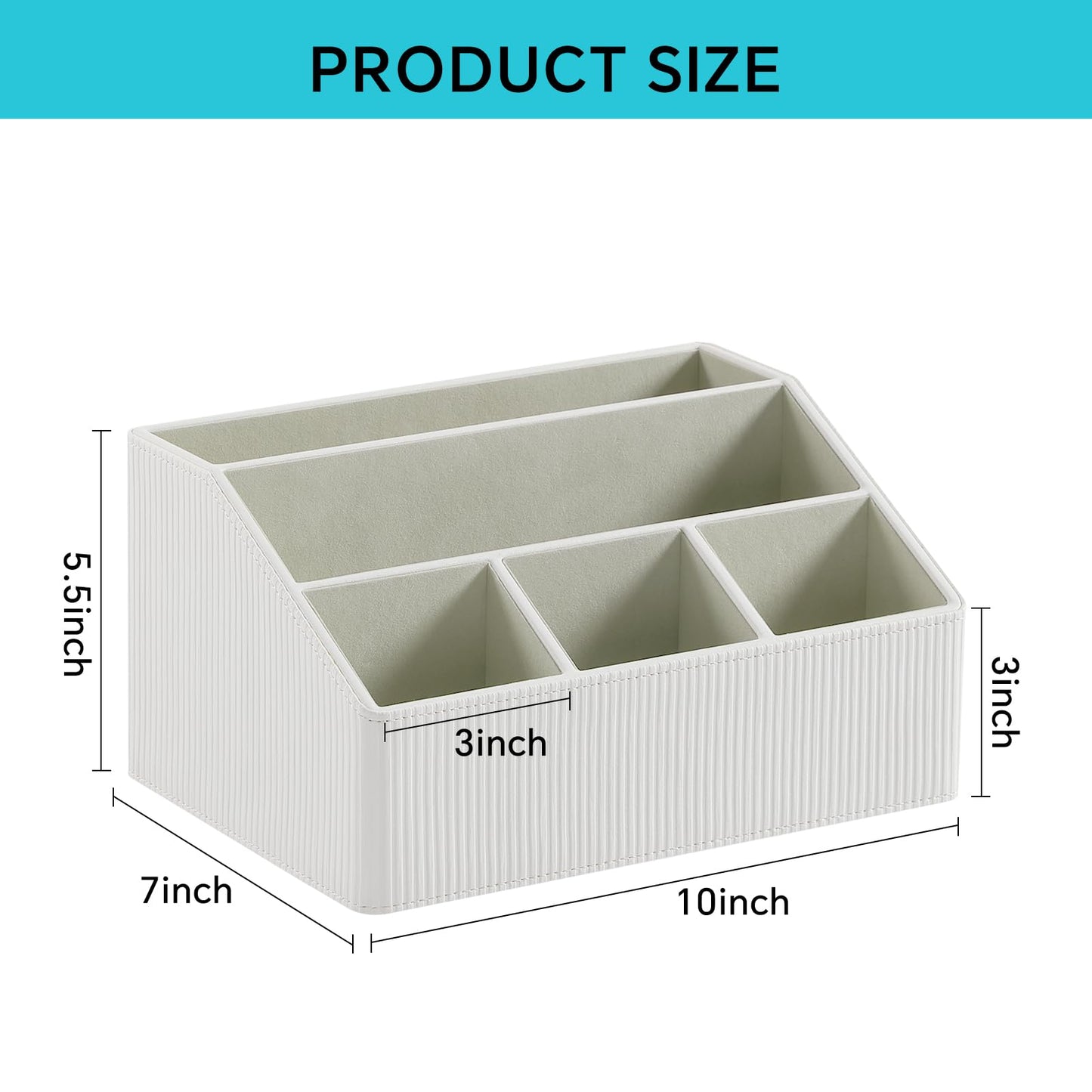 Cretkhp Remote Control Holder with 5 Compartments for Office Art Supplies, PU Leather Nightstand Organizer Pencil Pen Desk Caddy for Home, Desktop TV Remote Control Organizer Storage (Striped Ivory)