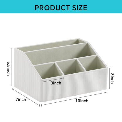 Cretkhp Remote Control Holder with 5 Compartments for Office Art Supplies, PU Leather Nightstand Organizer Pencil Pen Desk Caddy for Home, Desktop TV Remote Control Organizer Storage (Striped Ivory)