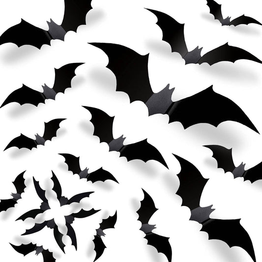 Halloween 3D Bats Wall Decor - 70 Pcs 5 Different Sizes Matte Black Reusable PVC Scary Bat Stickers Vintage Goth Wall Decals for Home Door Indoor Outdoor Party Decorations