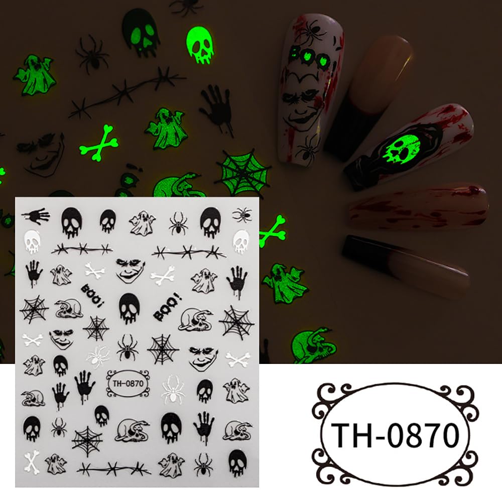 Halloween Nail Stickers, 6 Sheets Black Ghost Nail Decals 3D Self-Adhesive Small Horror Pumpkin Witches Bat Ghost Spider Halloween Pattern Black White Holiday Nail Art Design for Women Kids