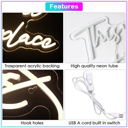 This Must Be The Place Neon Sign Warm White Letter Led Signs for Wall Decor Usb Word Light Up Signs for Bedroom Salon Man Cave Beer Home Bar Wedding Birthday Party Decor Gifts