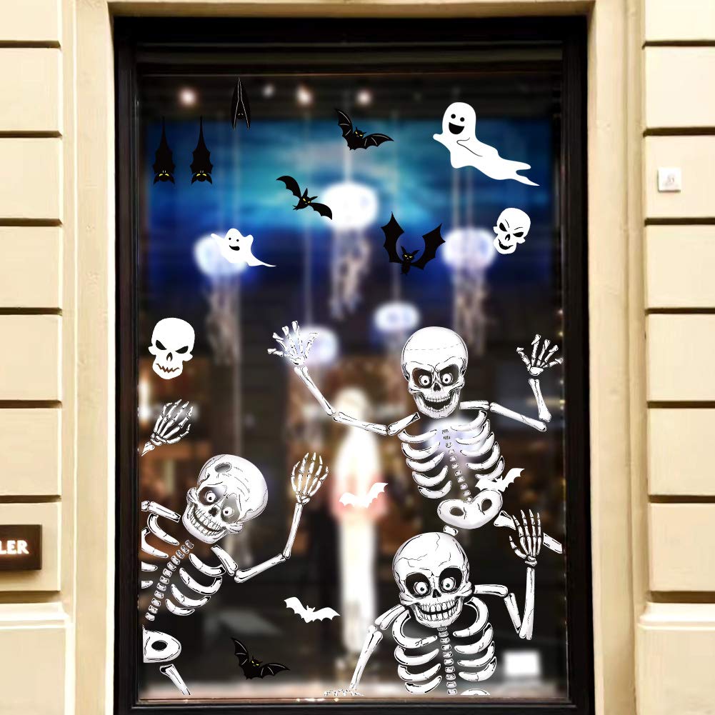Halloween Window Clings Skeleton Window Decorations for Glass Windows, Double Side Cute Halloween Window Stickers Decals Indoor Home Office Party Decor