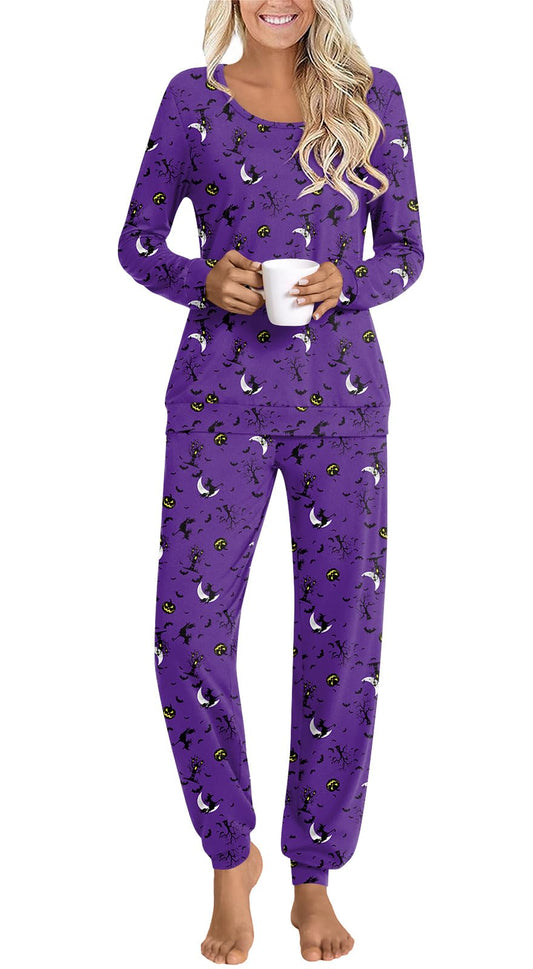 HOTGIFT Womens Pajamas Sets, 2 Piece Lounge Pjs Set Long Sleeve Long Pant Ladies Sleepwear with Pockets Halloween Purple Medium