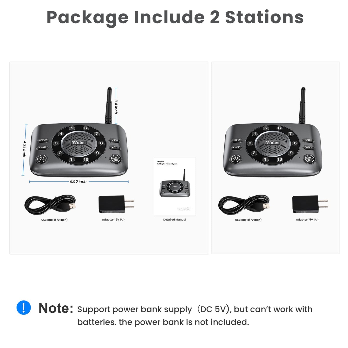 Hands-Free Intercoms Wireless for Home Business, Wuloo Upgrade Two Way Audio Intercom System for Elderly, Full Duplex Room to Room Intercom with 5280 ft Range Clear Sound Anti-Interference, Pack of 2