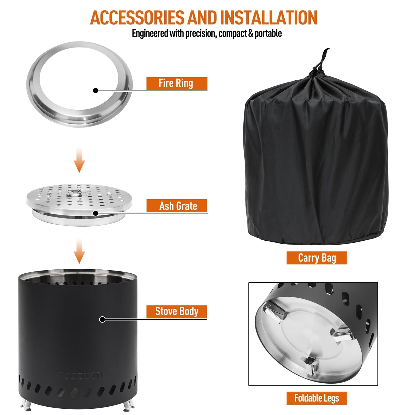 COOZOOM Portable Table Top Fire Pit with Stand, 8.6" Stainless Steel Mini Outdoor Low Smoke Burning Tabletop Firepit Fueled by Pellets or Wood, for Outside Camping Black