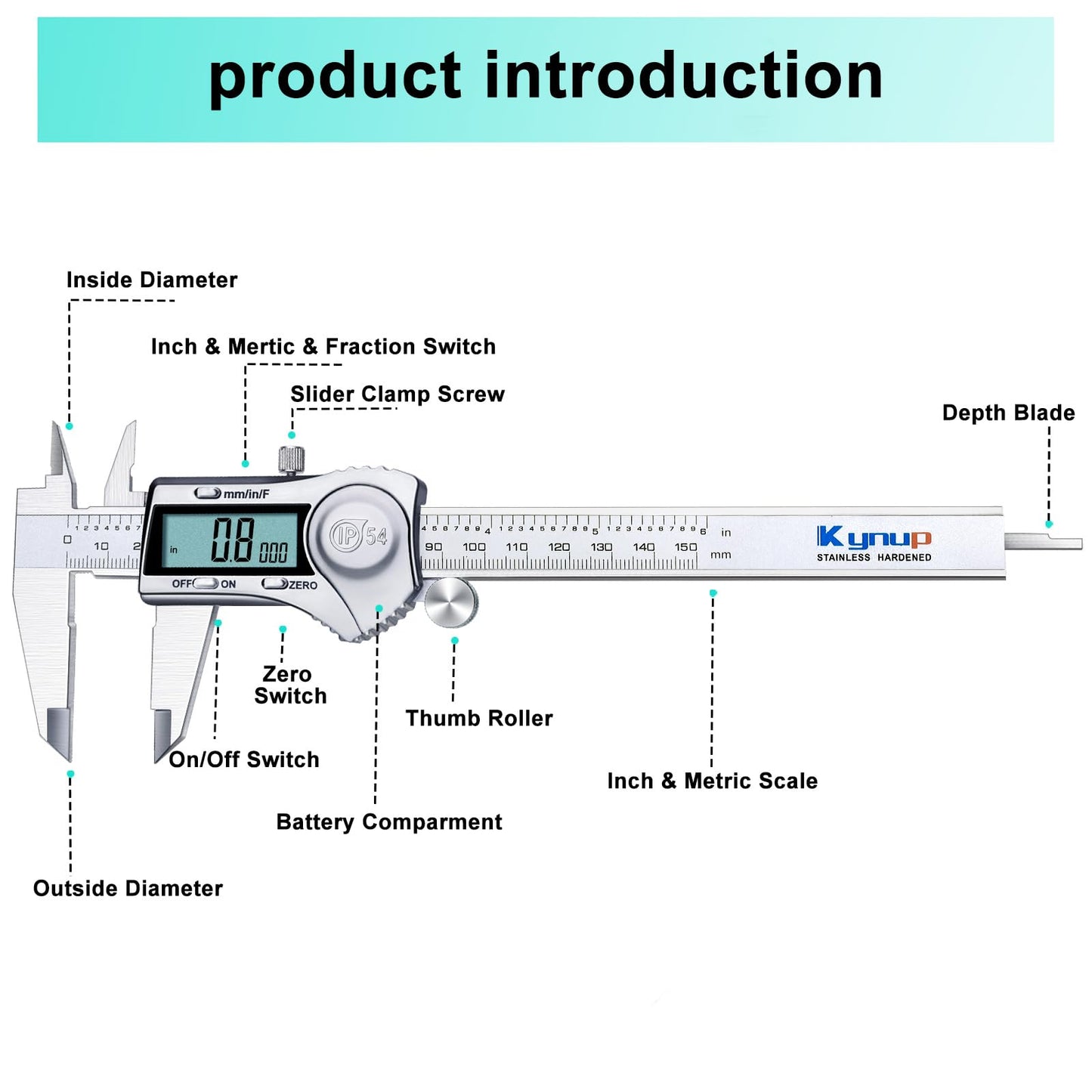 Kynup Digital Caliper, Caliper Measuring Tool Outside Micrometer, Vernier Dial Caliper Stainless Steel, IP54 Splash Proof Protection, Inch Metric Fraction Conversion, Large LCD Screen (6Inch/150mm)