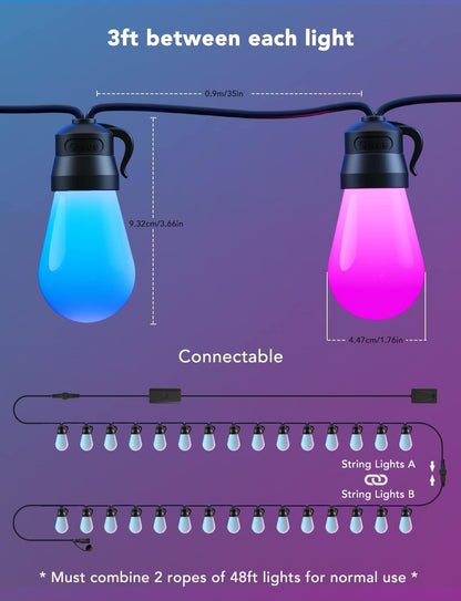 Govee Smart Outdoor String Lights H7021, RGBIC Warm White 96ft (2 Ropes of 48ft) LED Bulbs for Outdoor Decorations, WiFi Patio Lights Work with Alexa, Google, APP Control, IP65 Waterproof