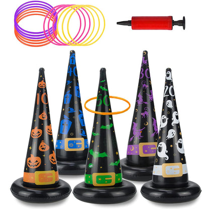 Halloween Party Toys Games, Inflatable Witch Hat Ring Toss Game with Points, Plastic Ring Toss, Air Pump Halloween Carnival Indoor Outdoor Game Garden Toys for Kids Adults Family Games Supplies