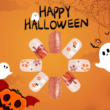 24Pcs Halloween Press on Nails Medium Square Cute Ghost Fake Nails with Flower Pumpkin Designs Glue on Nails Fall Glitter Halloween Nails Full Cover Artificial False Nails for Women Decoration 24Pcs