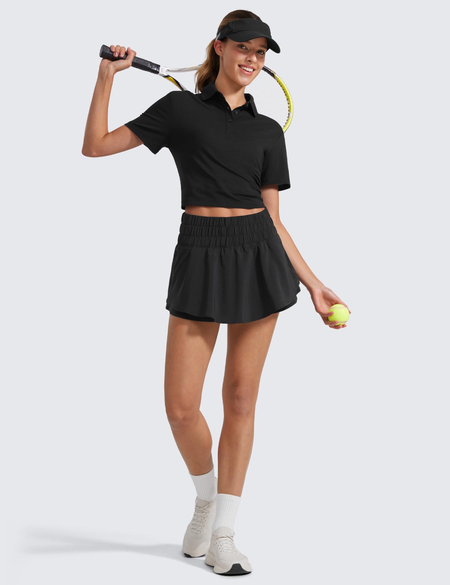 CRZ YOGA Athletic Shorts for Women High Waisted Flowy Ruffle Skirt Overlay for Workout Running Tennis with Zip Pocket Black Large