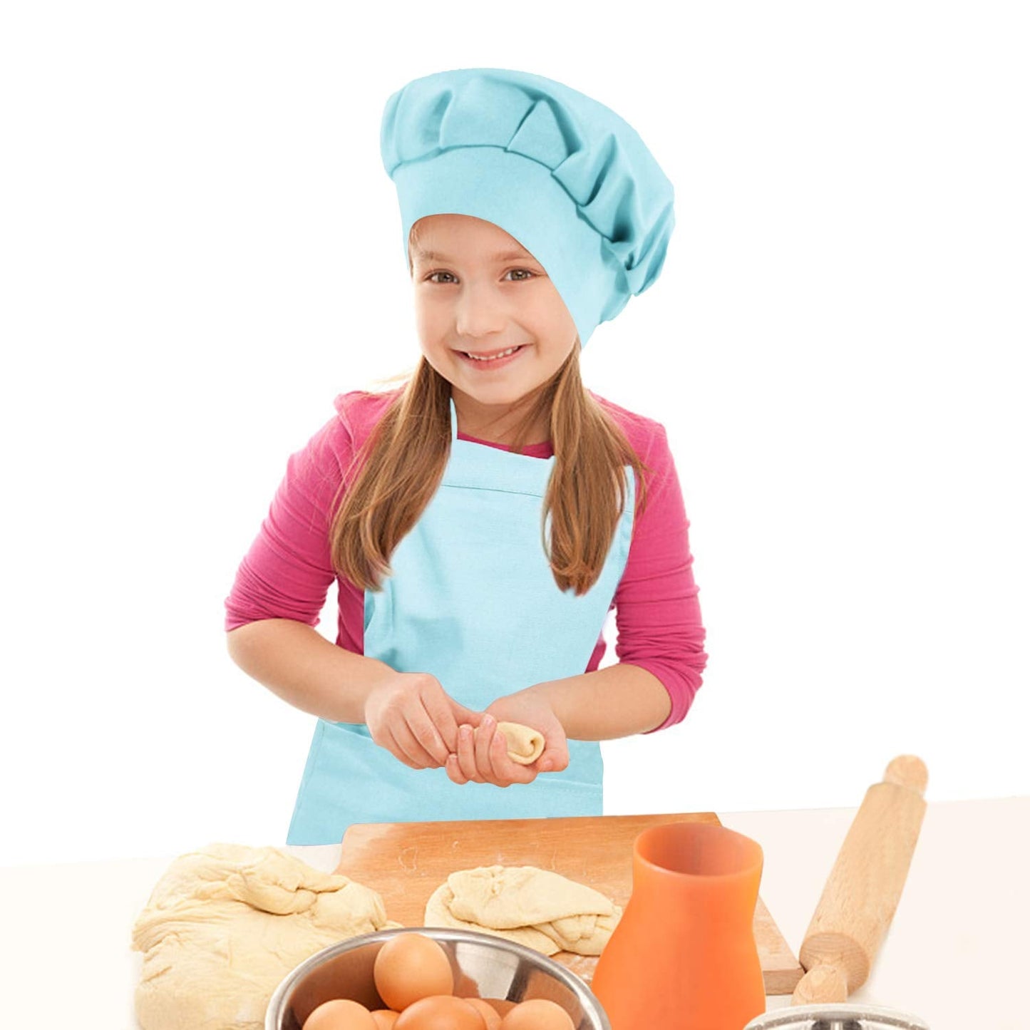 Kids Apron and Chef Hat Set-Adjustable Child Apron for Boys and Girls for Cooking Baking Light Blue