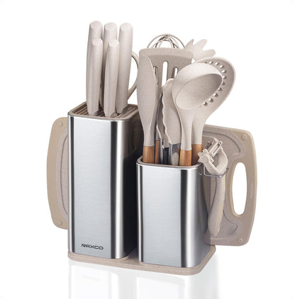RAXCO Kitchen Utensils Set,18-Piece Cooking Tools and Sharp Knives,Stainless Steel Holder and Cutting Board