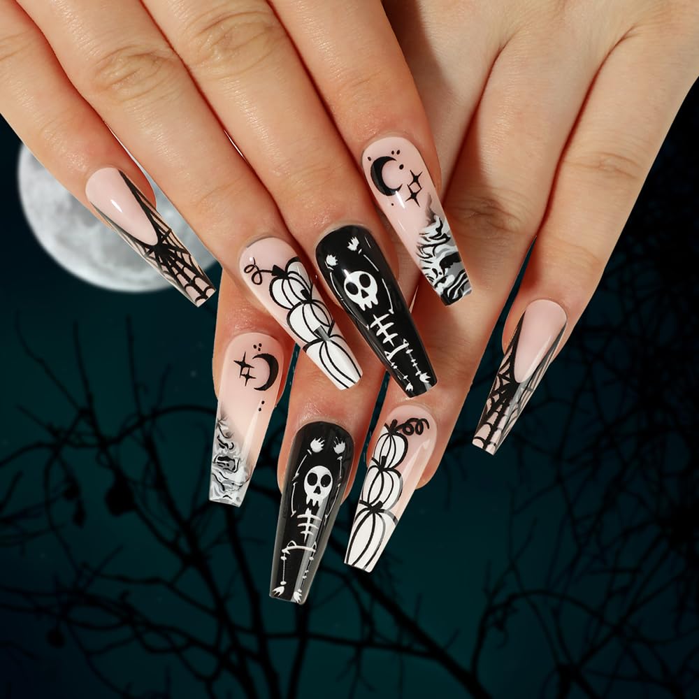 Halloween Nail Stickers, 6 Sheets Black Ghost Nail Decals 3D Self-Adhesive Small Horror Pumpkin Witches Bat Ghost Spider Halloween Pattern Black White Holiday Nail Art Design for Women Kids