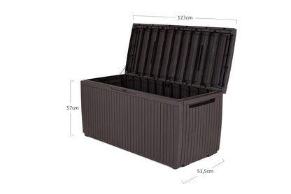 Keter Cushion Box, Rainproof, Balcony Springwood Cushion Storage Box, Brown, 123 x 53.5 x 57 cm, 305 L, 17202488