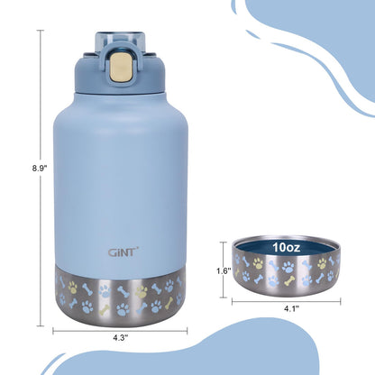 GiNT 37oz Insulated Stainless Steel Dog & Human Water Bottle, All-in-1 Travel Dispenser with Detachable Bowls & Carrying Case, Leak-Proof Pet Canteen for Walking, Hiking, Camping, Car (Blue)