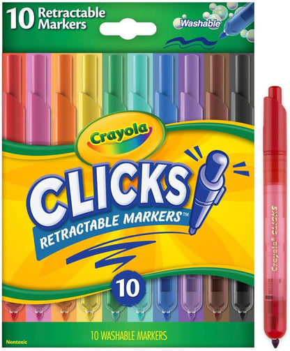 CRAYOLA Clicks, Retractable Art Markers, 10 Vibrant, Washable Coloured Markers, Keep Markers Safe in Retractable Barrel So Ink Won't Dry Out, Perfect for Colouring, Projects and More, 58 8370