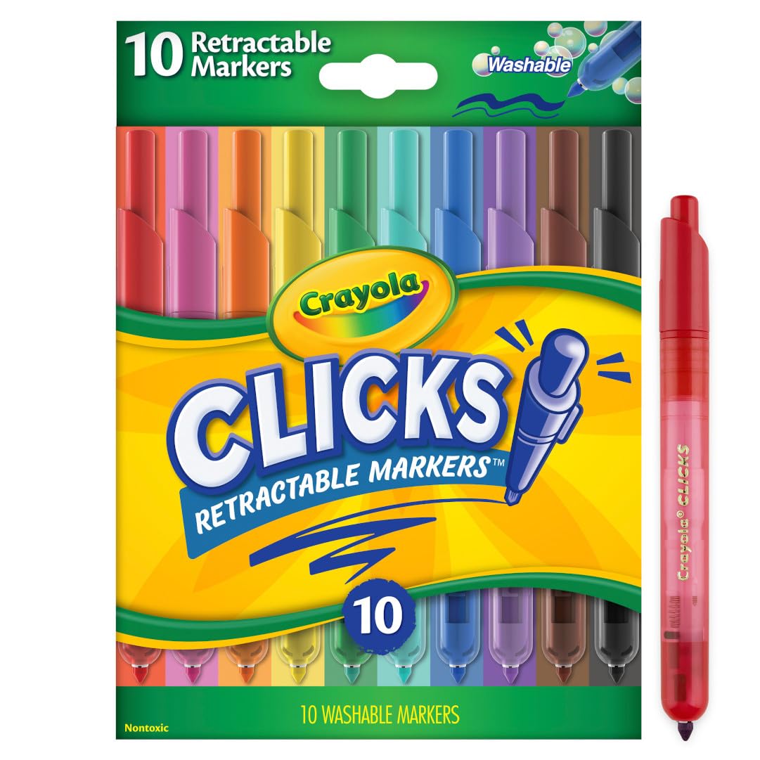 CRAYOLA Clicks, Retractable Art Markers, 10 Vibrant, Washable Coloured Markers, Keep Markers Safe in Retractable Barrel So Ink Won't Dry Out, Perfect for Colouring, Projects and More, 58 8370
