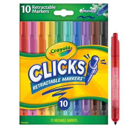 CRAYOLA Clicks, Retractable Art Markers, 10 Vibrant, Washable Coloured Markers, Keep Markers Safe in Retractable Barrel So Ink Won't Dry Out, Perfect for Colouring, Projects and More, 58 8370