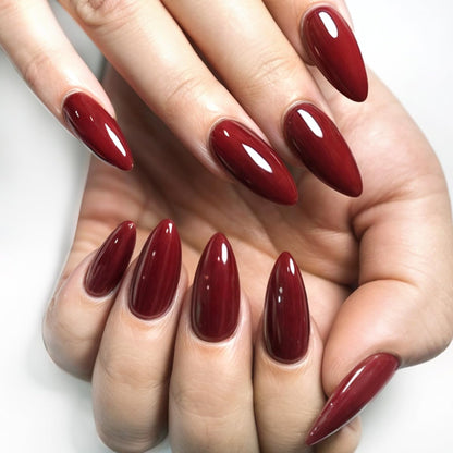 GLAMERMAID Cherry Red Press on Nails Medium Almond, Handmade Jelly Soft Gel Dark Red Glue on Nails Stiletto, Burgundy Emo Fake Nails Short Oval, Reusable Acrylic Stick on False Nails Kit for Women
