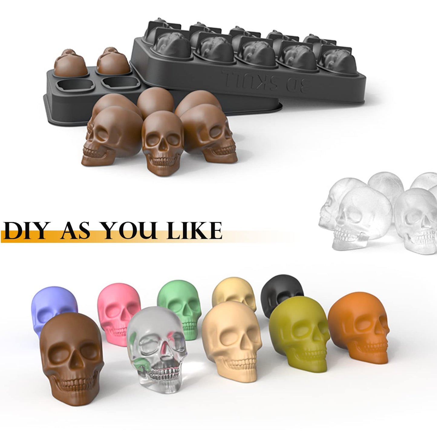 Ice Cube Trays,Silicone Ice Cube Mold Maker with Lid,Skull Head Style Mold,for Chilling Whiskey, Cocktail, Beverages,Pudding Chocolate
