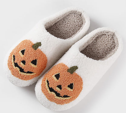HIPINISS Halloween Pumpkin Slippers for Women Men Halloween Spooky Lantern Pumpkin Plush Warm Slippers Indoor Outdoor Memory Foam House Home Winter Shoes,Pumpkin White 43-44