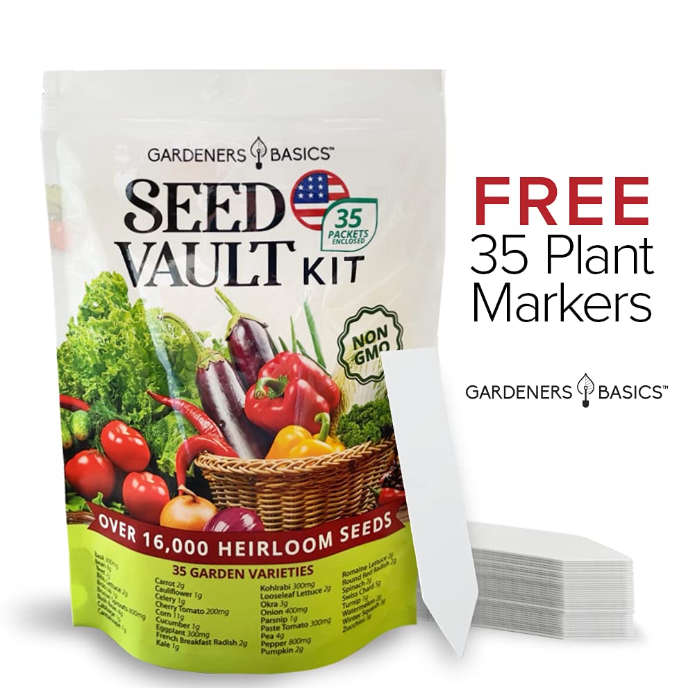 Gardeners Basics Survival Vegetable Seeds Garden Kit Over 16,000 Seeds Non-GMO and Heirloom, Great for Emergency Bugout Survival Gear 35 Varieties Seeds for Planting Vegetables 35 Free Plant Markers