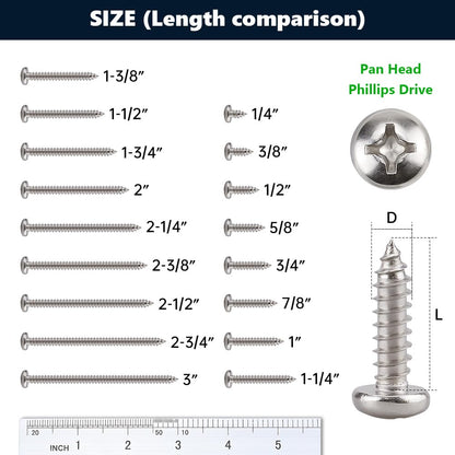 #8 x 1/2" (100 Pack) Stainless Steel Phillips Pan Head Wood Screws, Stainless Steel 304 (18-8), Pan Head Sheet Metal Screws Self Tapping for Wood