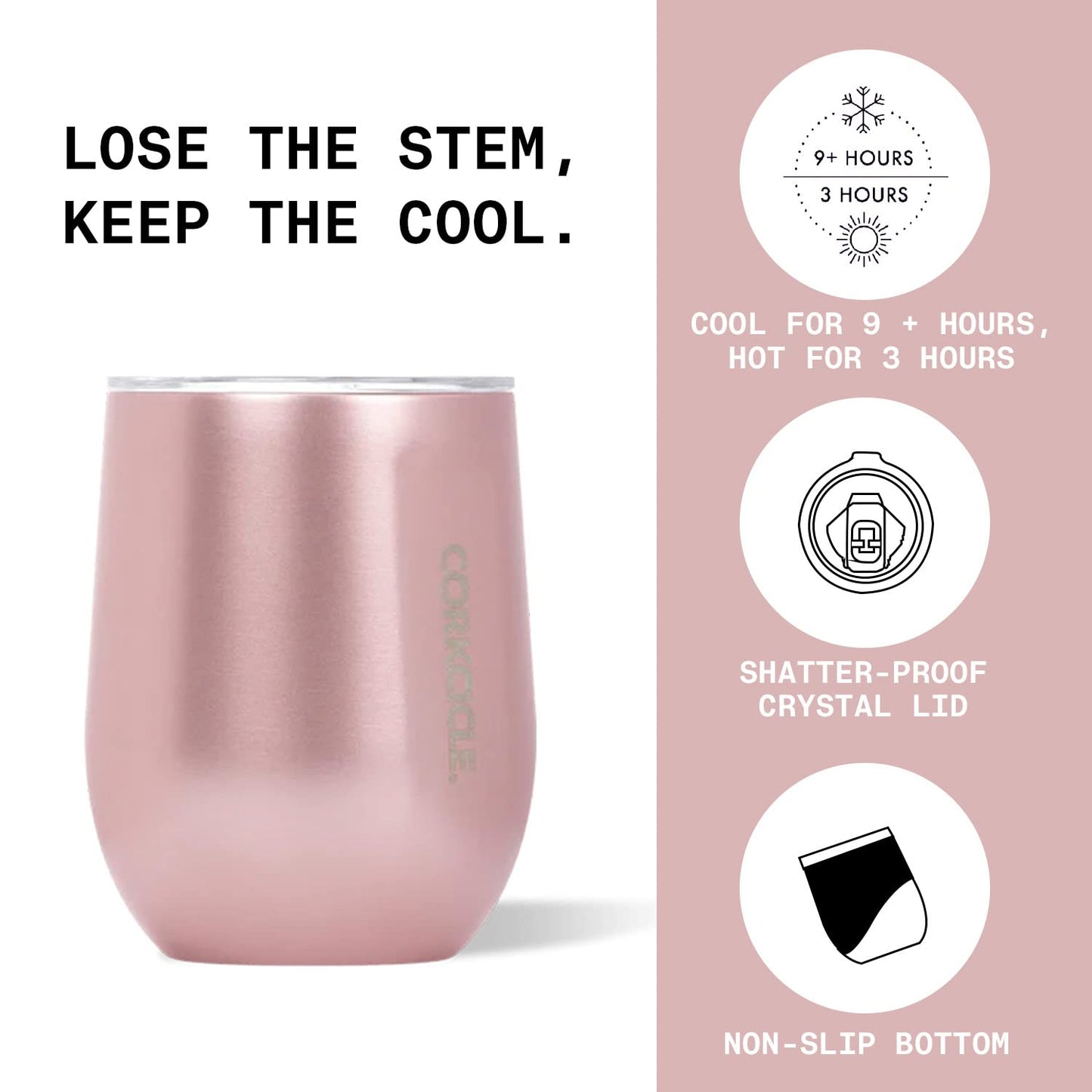 Corkcicle Luxe Collection 12 Oz Triple Insulated Stainless Steel Stemless Travel Cup with Lid & Silicone Bottom for Hot and Cold Drinks, Rose Metallic