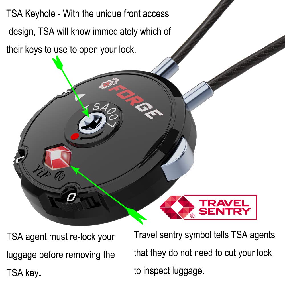 Forge Quality TSA Approved Luggage Locks for Travel Accessories, Suitcase, Pelican case, Ammo Boxes, Set Your own Combination, Zinc Alloy Body-Cable Black 4 Locks