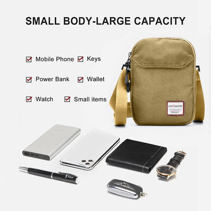 Khaki Mini Crossbody Bag - Small Shoulder Bag For Men & Women, Travel Wallet & Passport Holder, Phone Purse, Unisex Mini Messenger Satchel, Fanny Pack & Neck Pouch With Headphone Jack