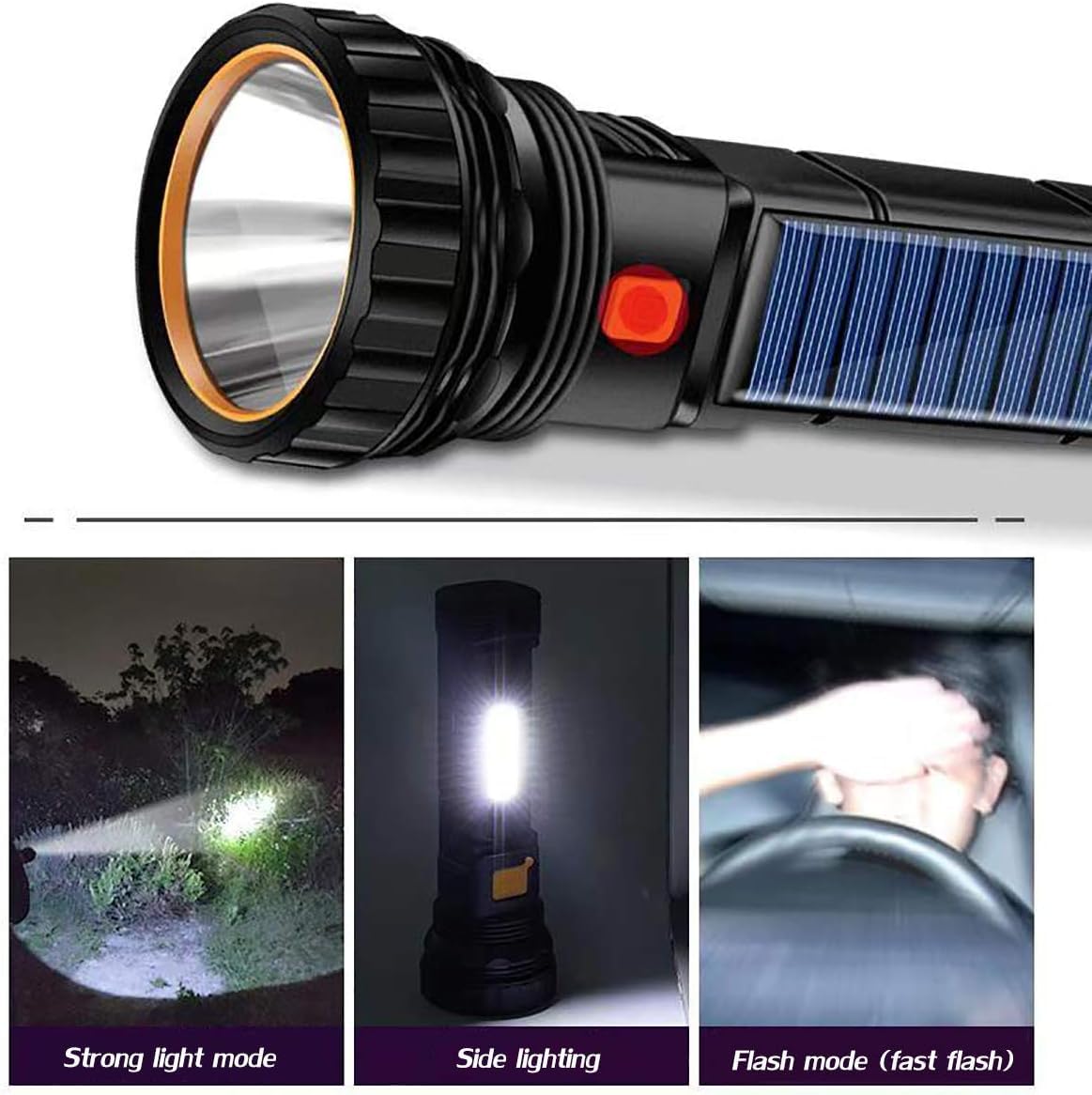E-SHIDAI Solar/Rechargeable Multi Function 1000 Lumens LED Flashlight, with Emergency Strobe Light and 1200 Mah Battery, Emergency Power Supply and USB Charging Cable, Fast Charging (8PC)