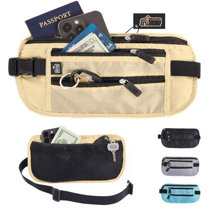GORILLA GRIP 4 Pocket Secure RFID Blocking Money Belt, Anti Theft Hidden Fanny Pack for Passport and Credit Cards, Water Repellent Travel Pouch for Men Women with Adjustable Waist and Zippers, Sand